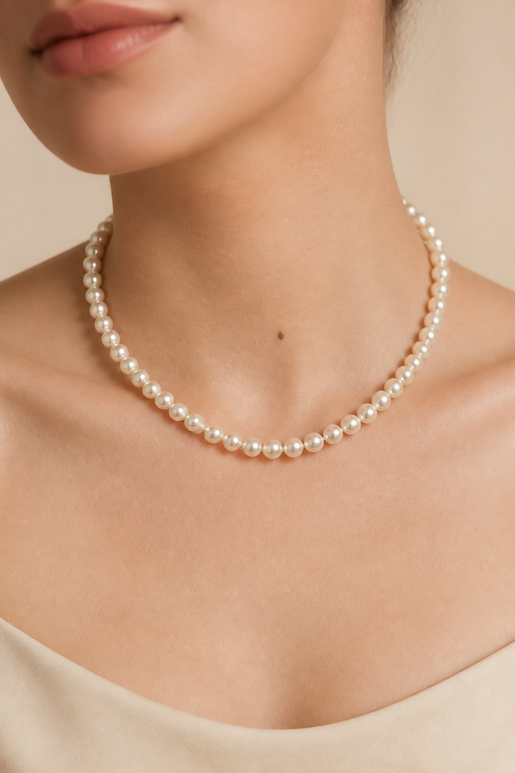 6mm white pearl strand necklace on neck